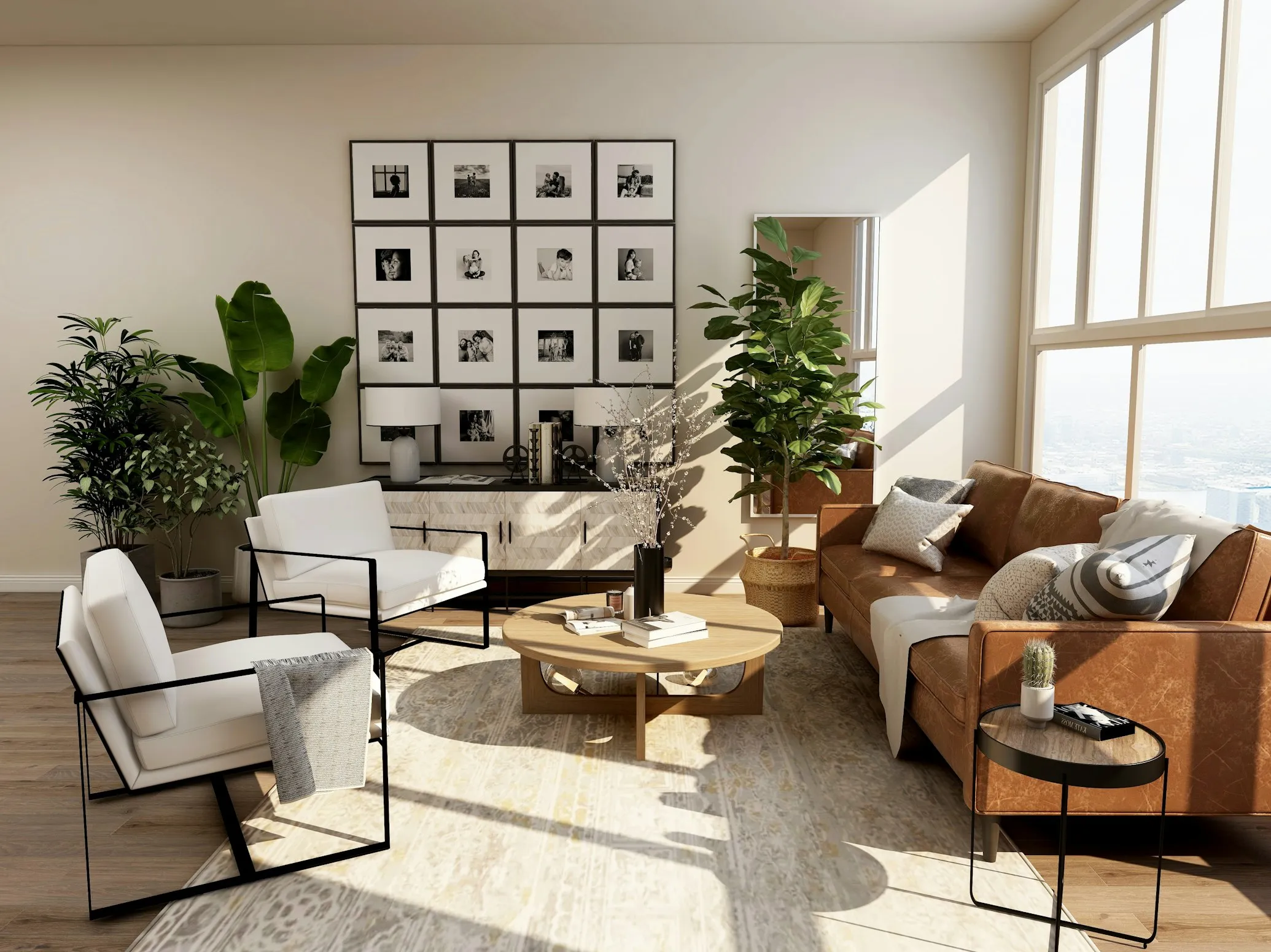 Beautifully designed modern living room with solid wood furniture